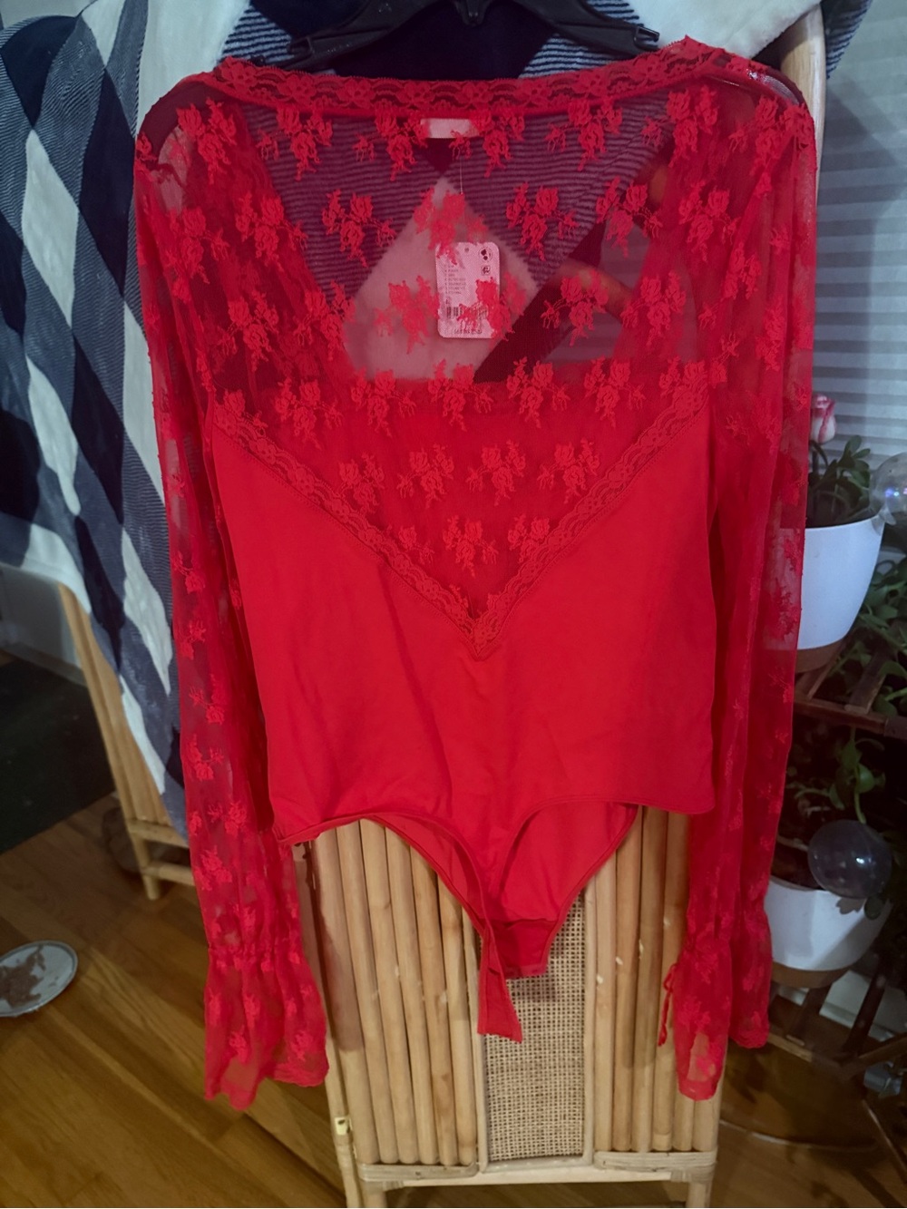 Free People Red Lace Long-Sleeve Bodysuit with Tie Sleeves - Picture 7 of 7